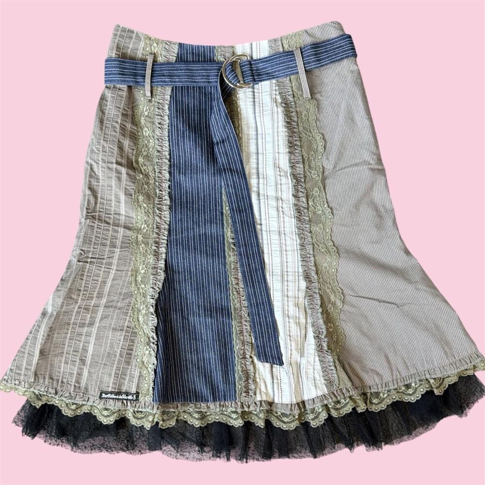 Des Filles à la Vanille Paris patchwork midi skirt with stripes and lace trim